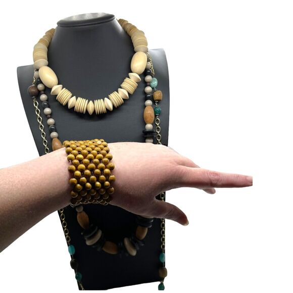Wood Stone Beaded Necklaces & Stretch Bracelet Set Of Four Vintage 80s Bohemian - Picture 3 of 11